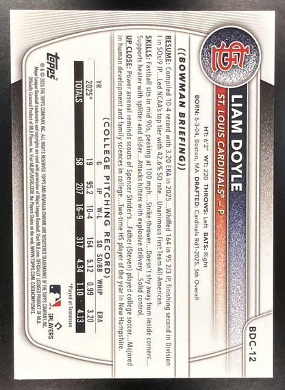 2025 Bowman Draft Liam Doyle #BDC-12 Chrome Orange Refractor /25 1st Prospect