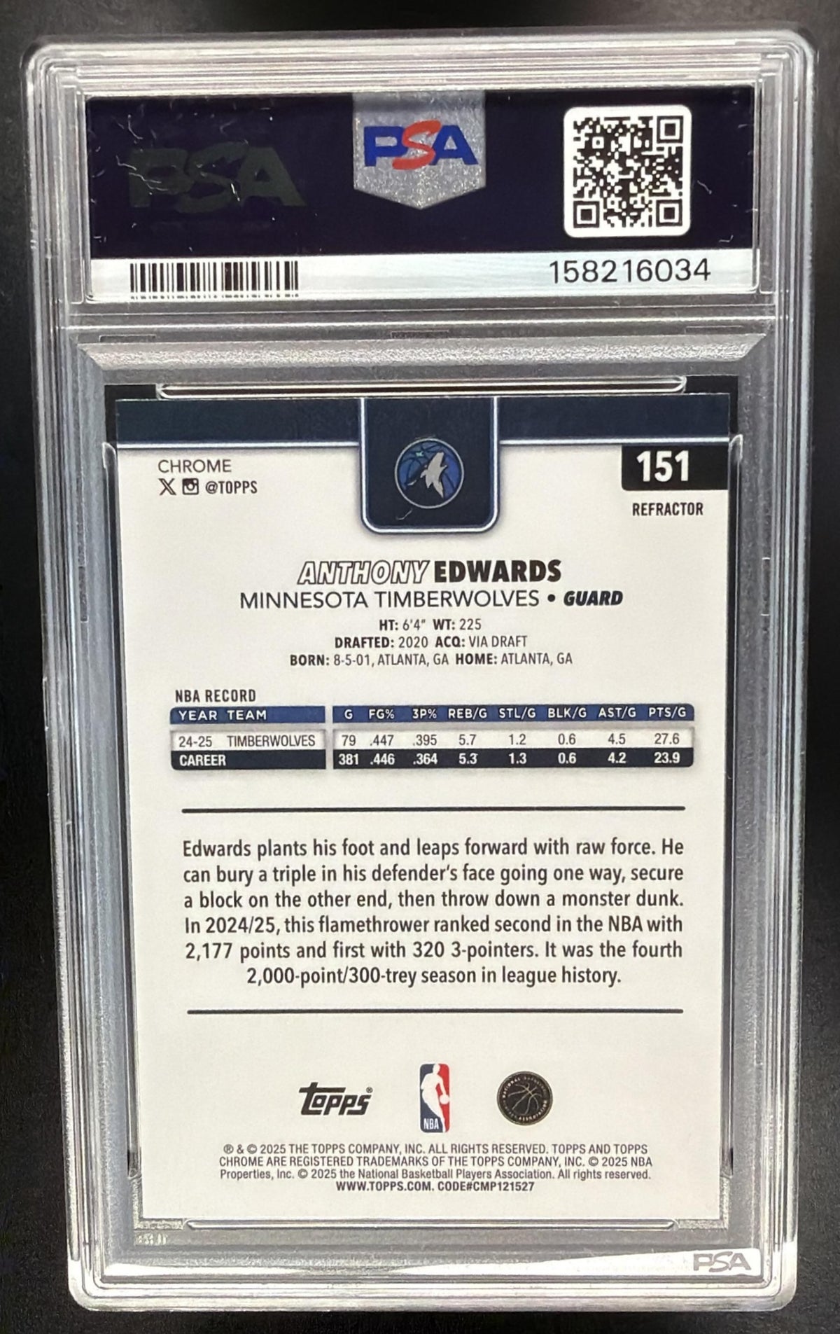 2025-26 Topps Chrome Anthony Edwards #151 Refractor PSA 10