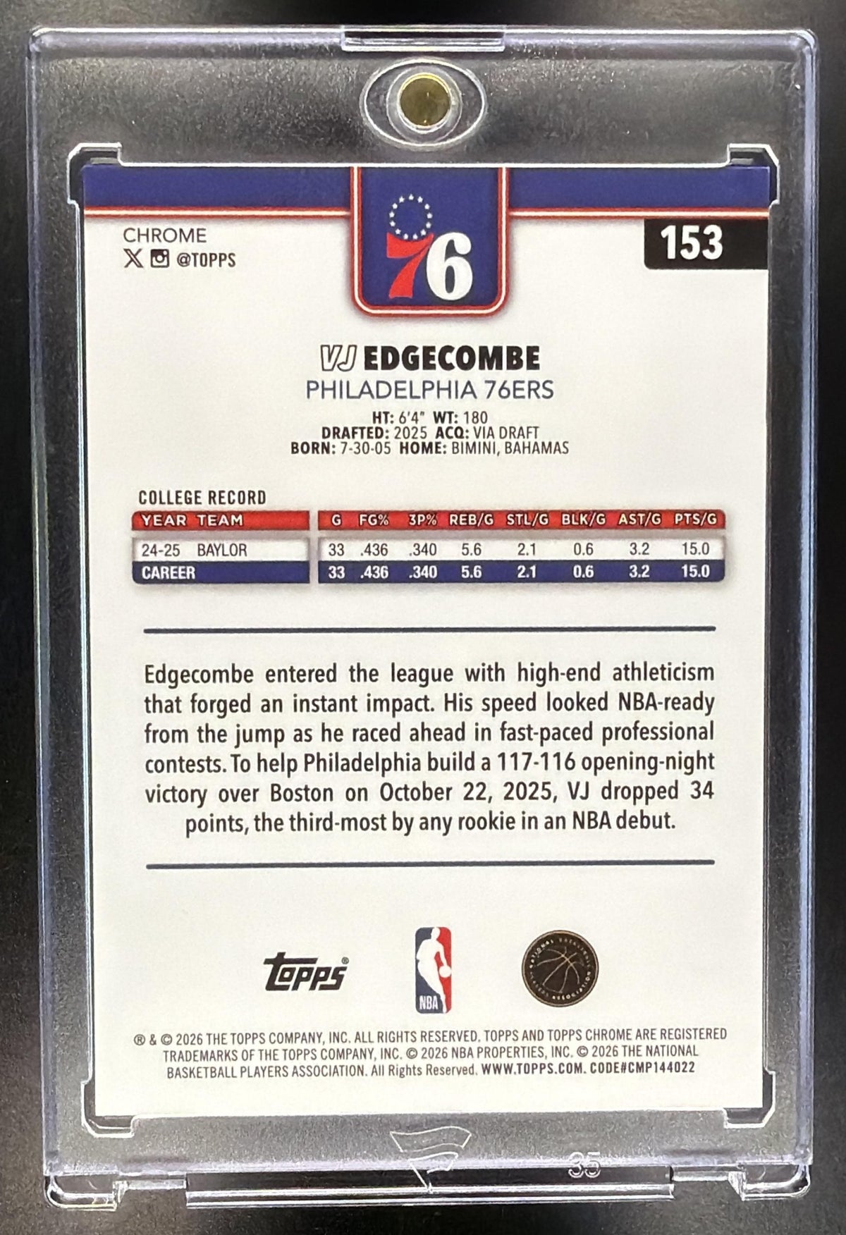 2025 Topps Chrome Update VJ Edgecombe #153 Image Variation /99 Green Speckle Refractor RC