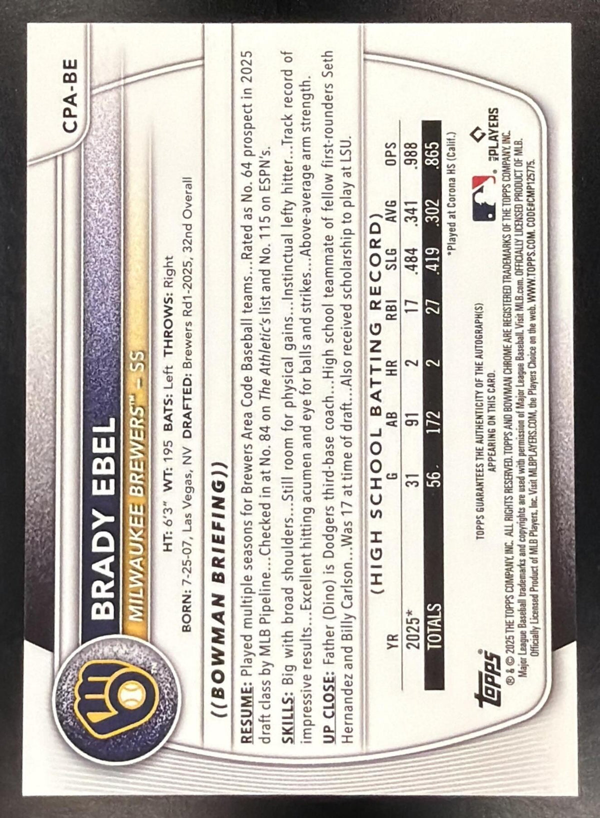 2025 Bowman Baseball Brady Ebel #CPA-BE 1st Green Refractor Auto 66/99