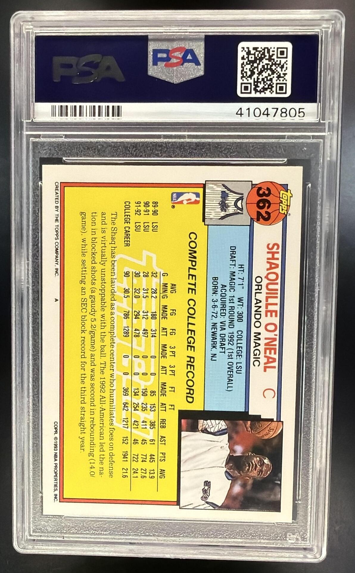 1992-93 Topps Shaquille O'Neal #362 Gold RC PSA 9