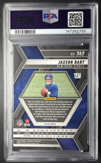 2025 Panini Mosaic Jaxson Dart #362 Rookies Red and White Stripe Prizm RC PSA 10