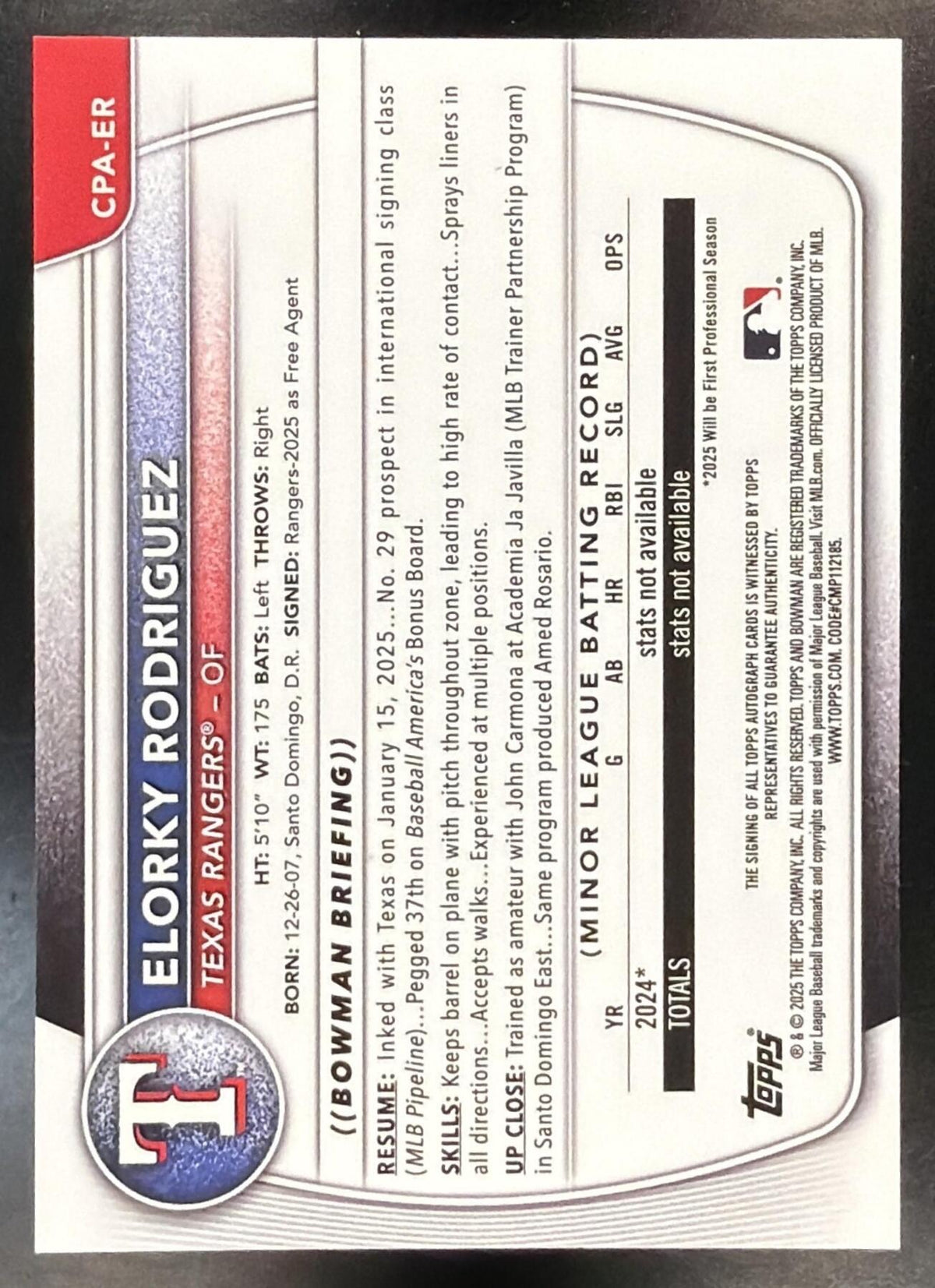 2025 Bowman Chrome Elorky Rodriguez #CPA-ER Auto Speckle Refractor 179/299 1st Prospect