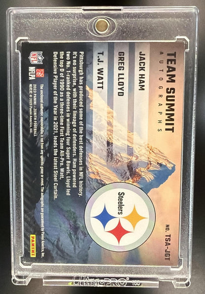 2023 Panini Zenith Jack Ham Greg Lloyd T.J. Watt #TBD Team Summit Patch Auto /10