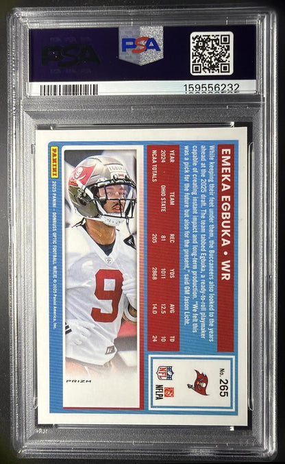 2025 Panini Donruss Optic Emeka Egbuka #265 Rated Rookie Blue Glitter Prizm PSA 9