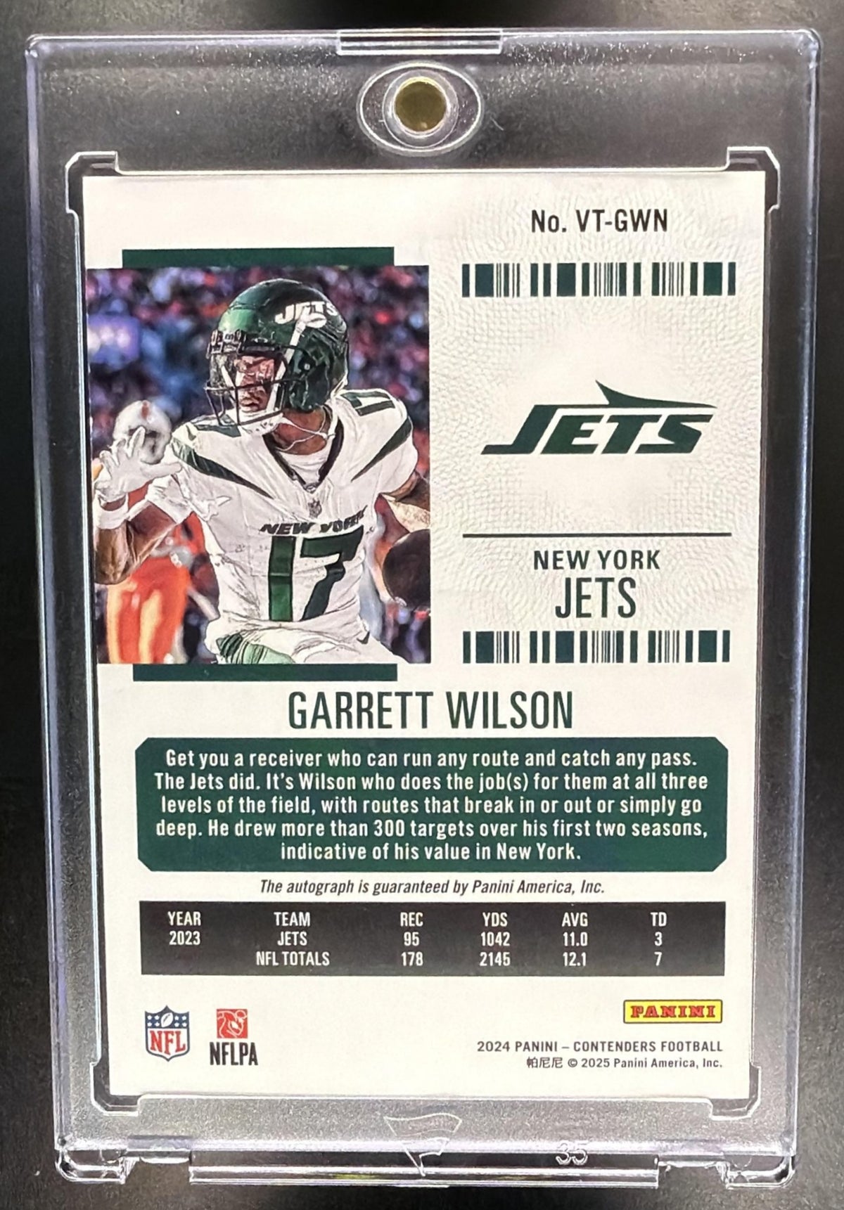2024 Panini Contenders Garrett Wilson #VT-GWN Veteran Ticket Auto /25