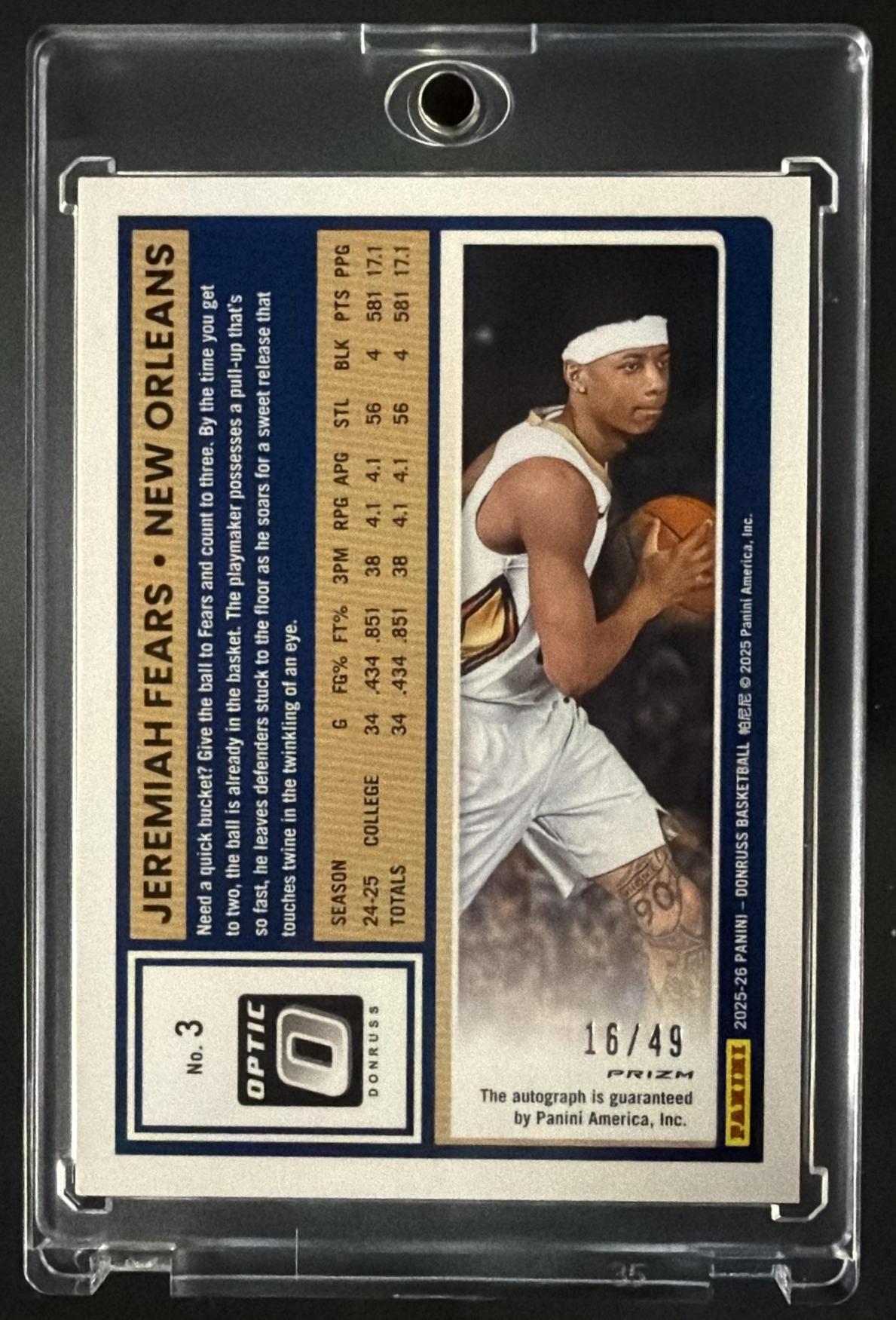 2025-26 Panini Donruss Jeremiah Fears #3 Auto Blue 16/49 RC