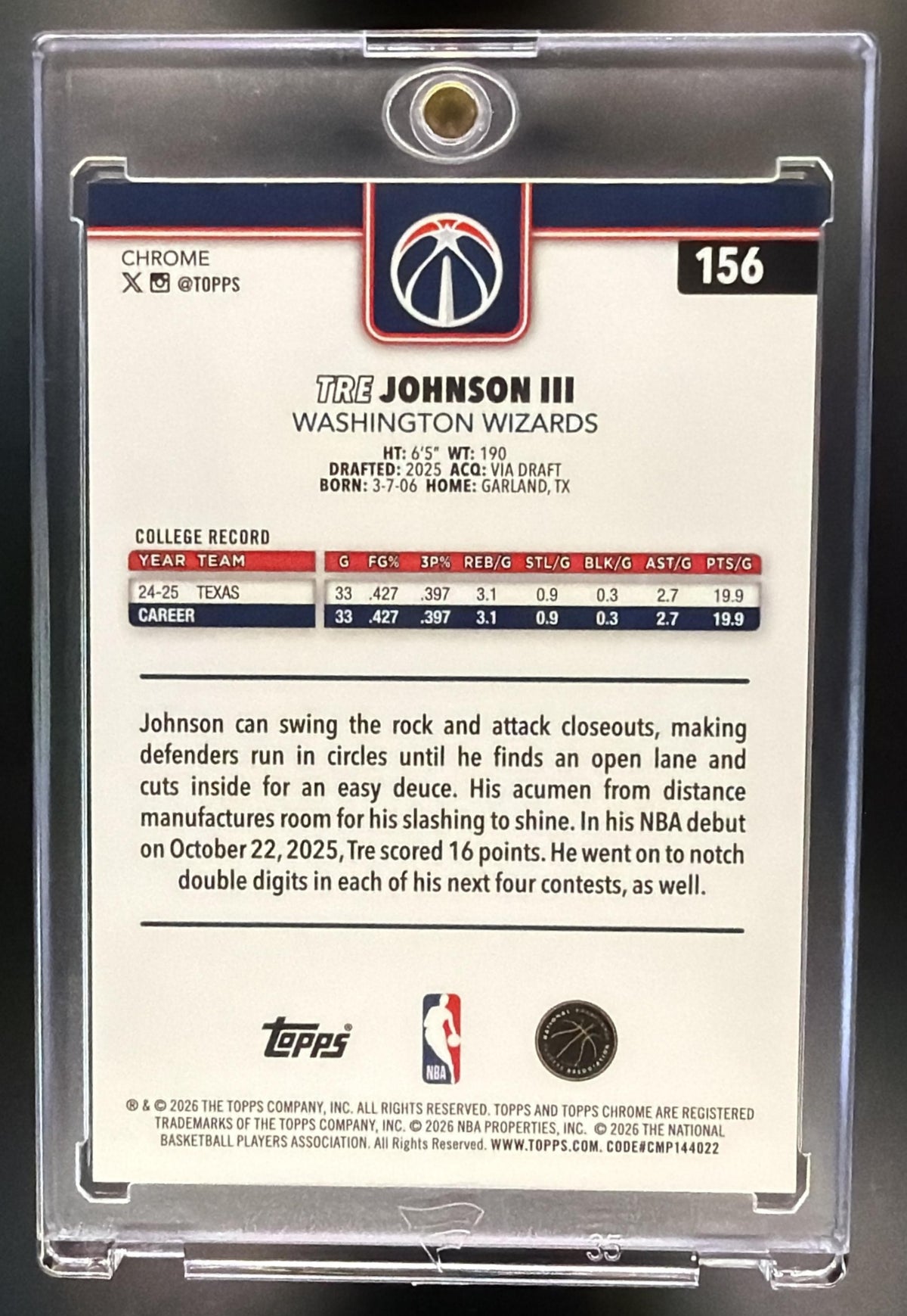 2025-26 Topps Chrome Update Tre Johnson III #156 Gold Refractor 30/50 RC