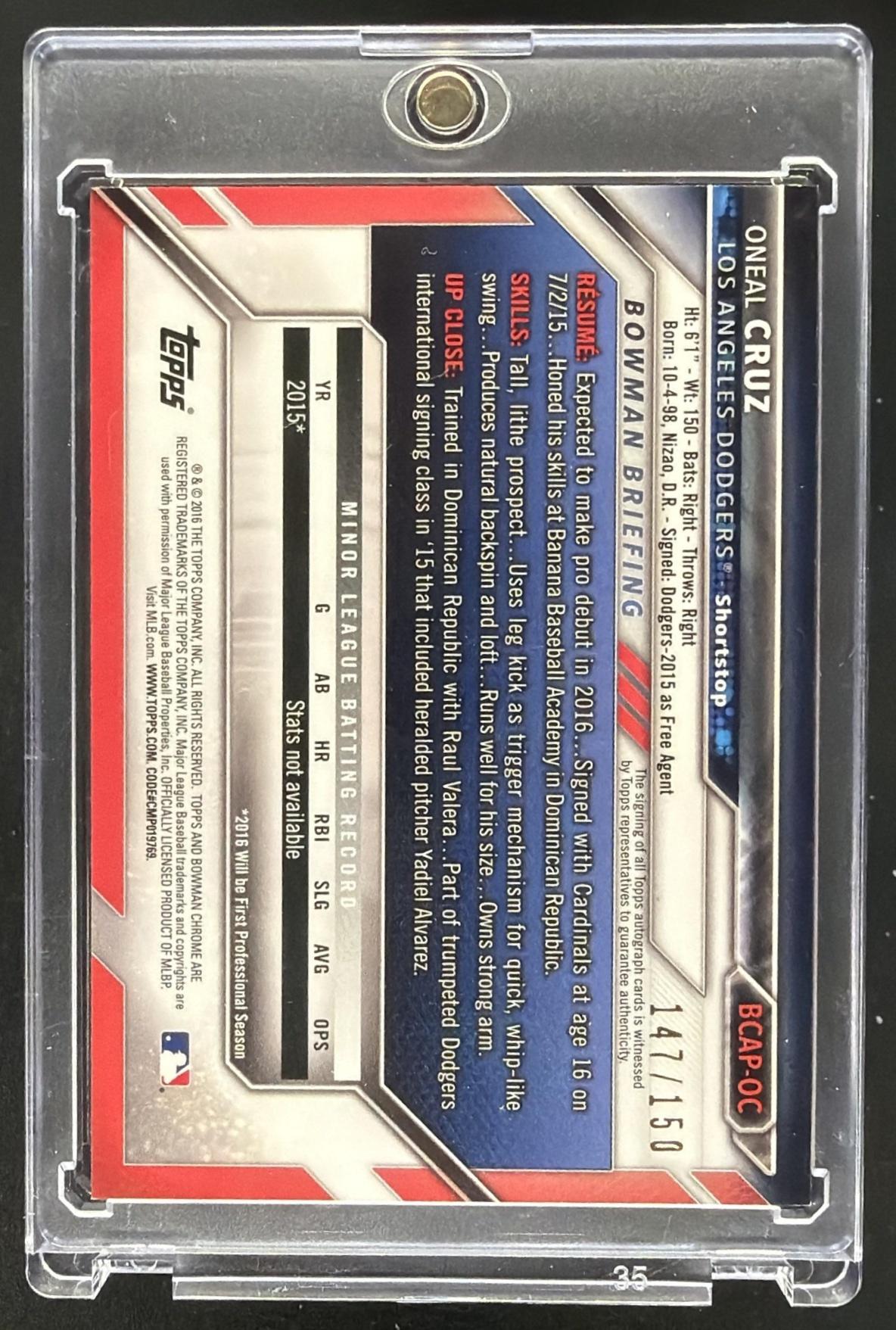 2016 Bowman Chrome Oneil Cruz #BCAP-OC Prospects Auto Blue Refractor 147/150