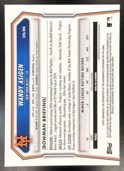 2026 Bowman Chrome Wandy Asigen #CPA-WA Auto 1st Prospect NYM