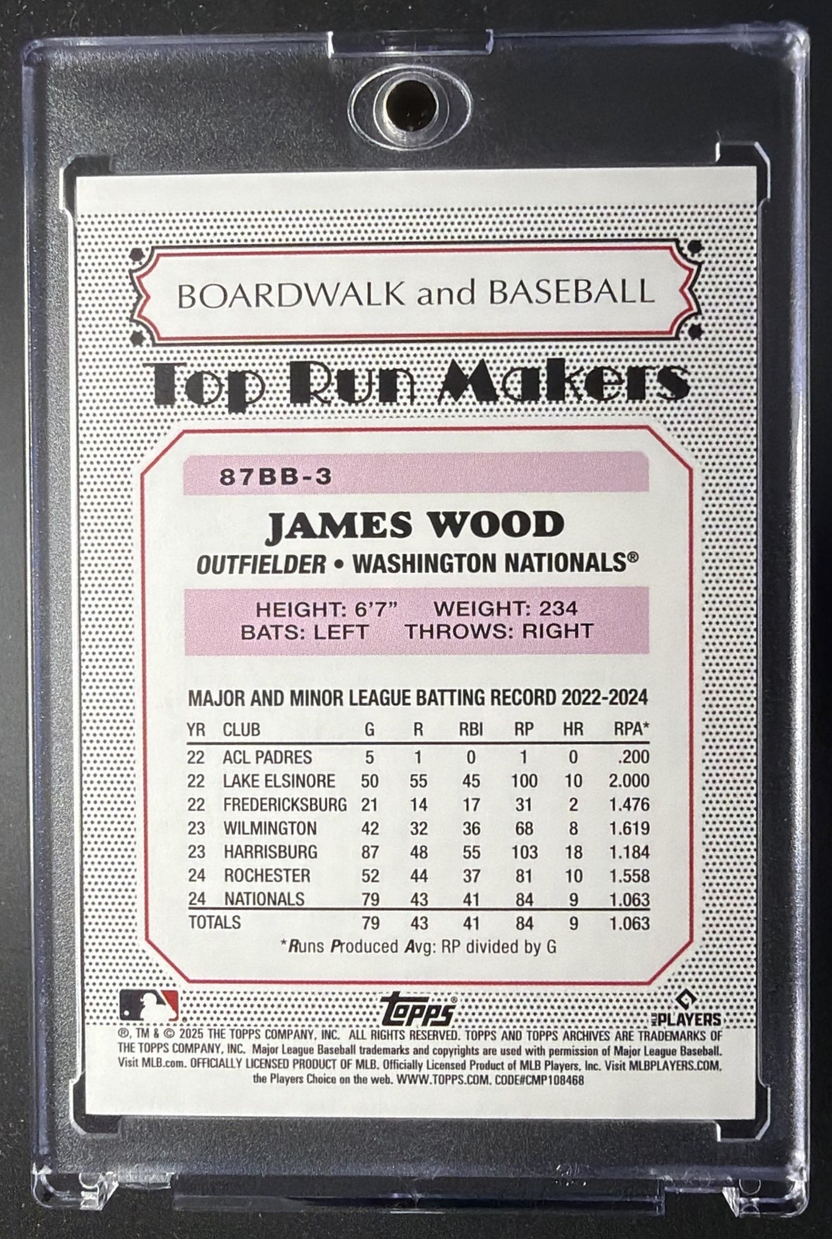 2025 Topps Archives James Wood #87BB-3 1987 Boardwalk and Baseball RC /25