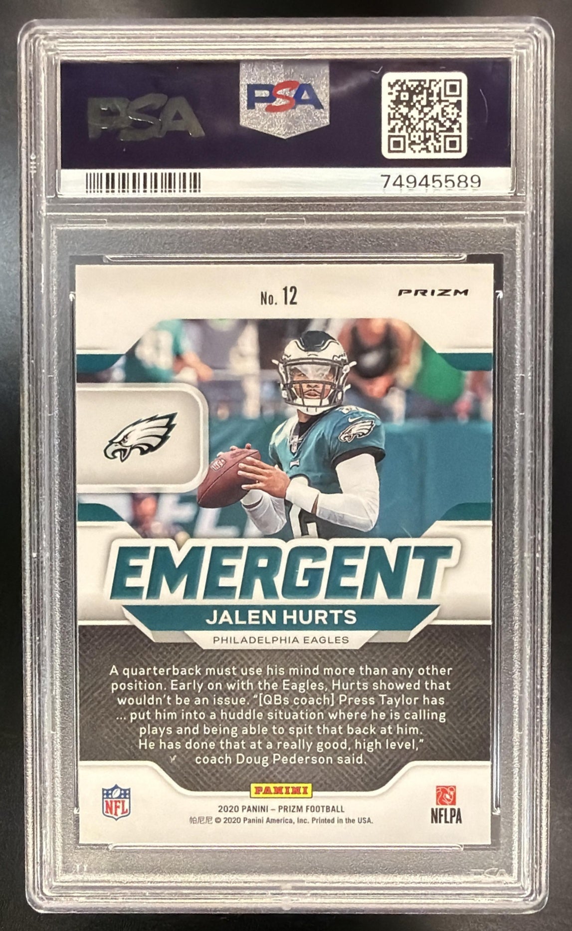 2020 Panini Prizm Jalen Hurts #12 Emergent Prizms No Huddle RC PSA 9
