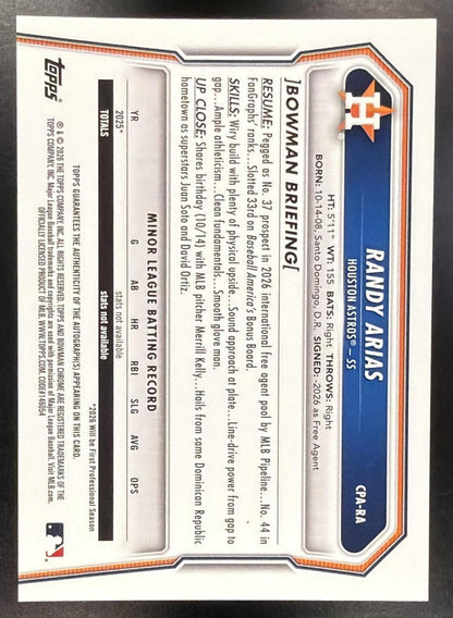2026 Bowman Chrome Randy Arias #CPA-RA Auto Orange Shimmer Refractor /25 1st Prospect