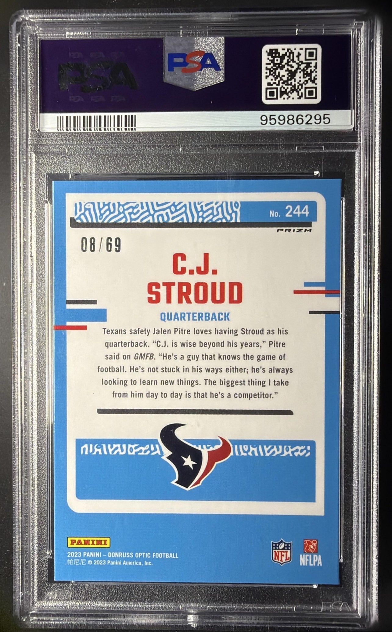 2023 Panini Donruss Optic C.J. Stroud #244 Electricity Prizm /69 RC Rated Rookie PSA 9
