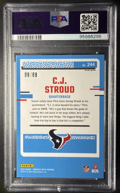 2023 Panini Donruss Optic C.J. Stroud #244 Electricity Prizm /69 RC Rated Rookie PSA 9