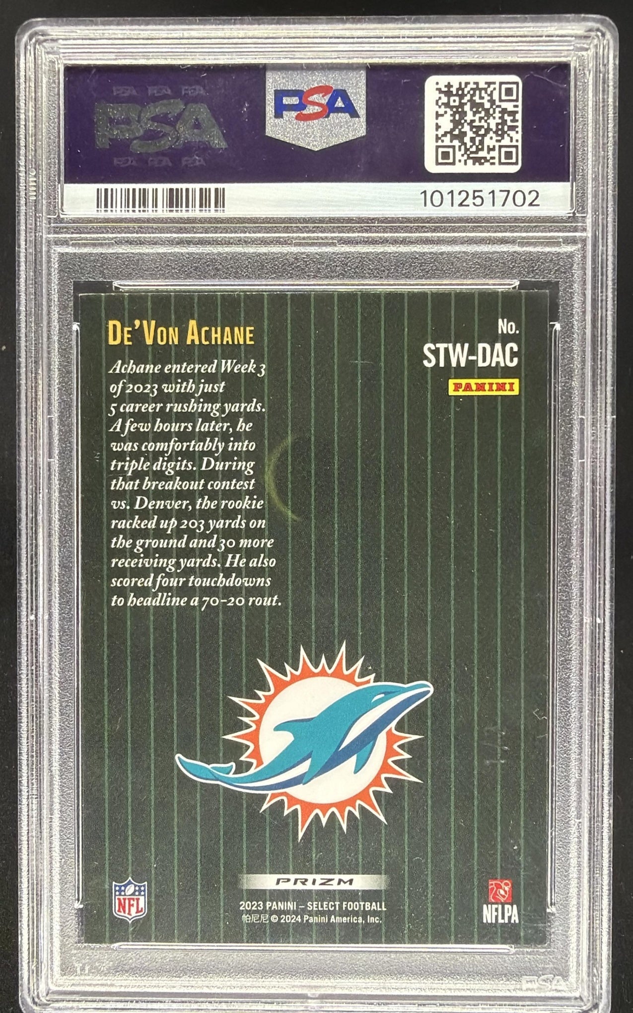 2023 Panini Select De'Von Achane #STW-DAC Score Throwback Snakeskin /2 RC PSA 8