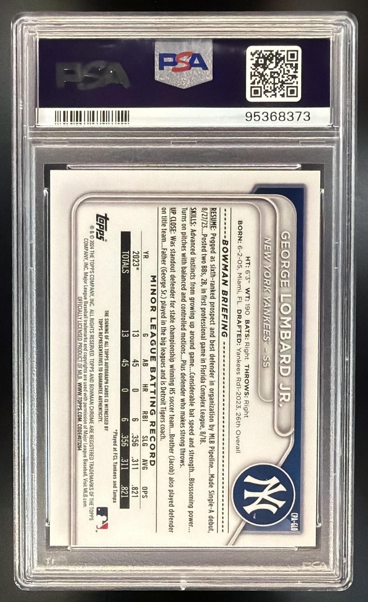 2024 Bowman George Lombard Jr. #CPA-GLO Chrome Auto 1st Prospect PSA 10