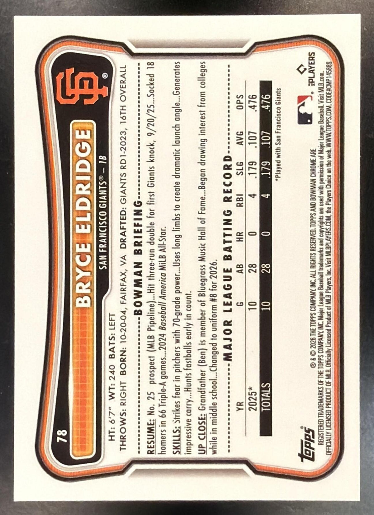 2026 Bowman Chrome Bryce Eldridge #78 Gold Geometric Refractor 17/50 RC