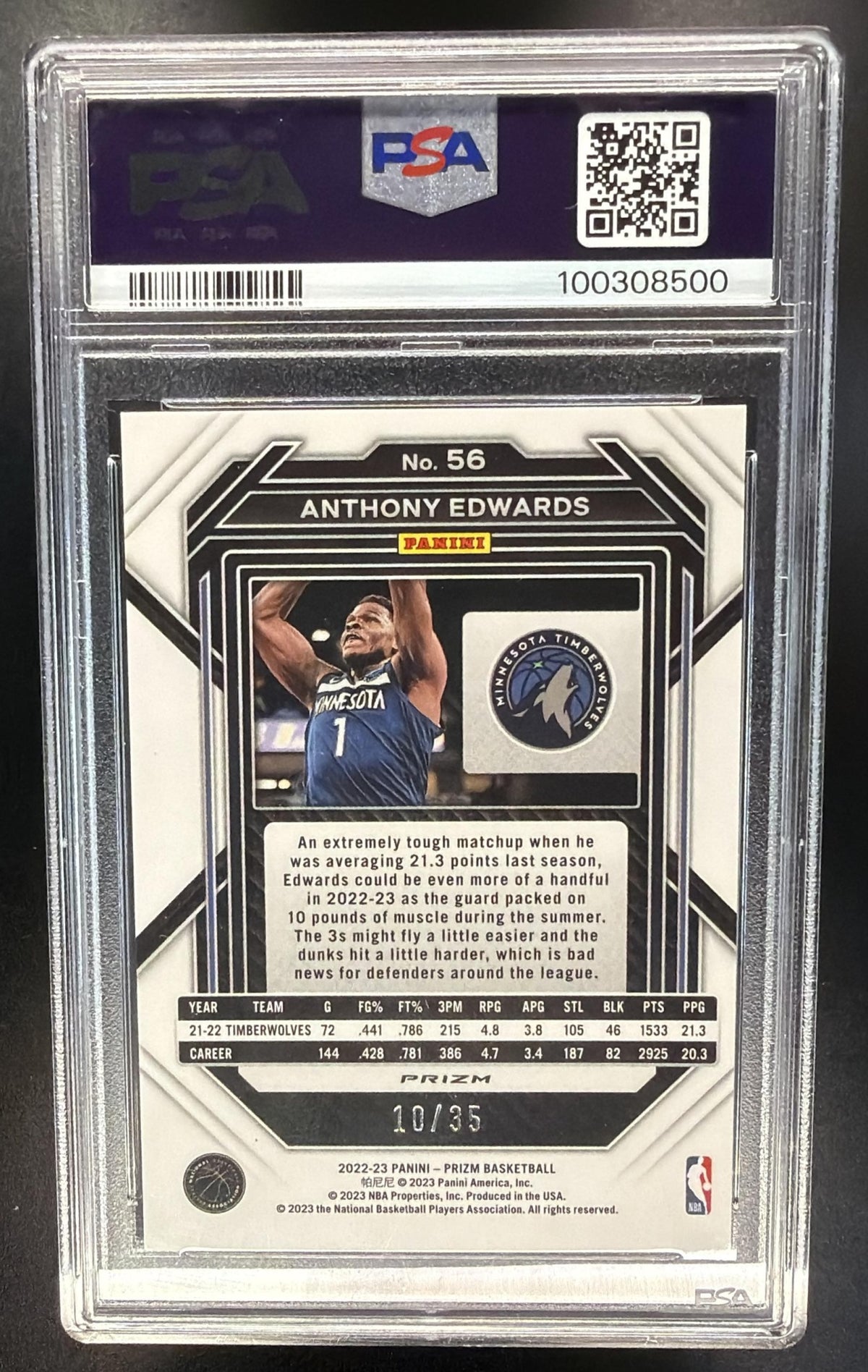 2022-23 Panini Prizm Anthony Edwards #56 Prizms Blue Shimmer FOTL 10/35 PSA 9