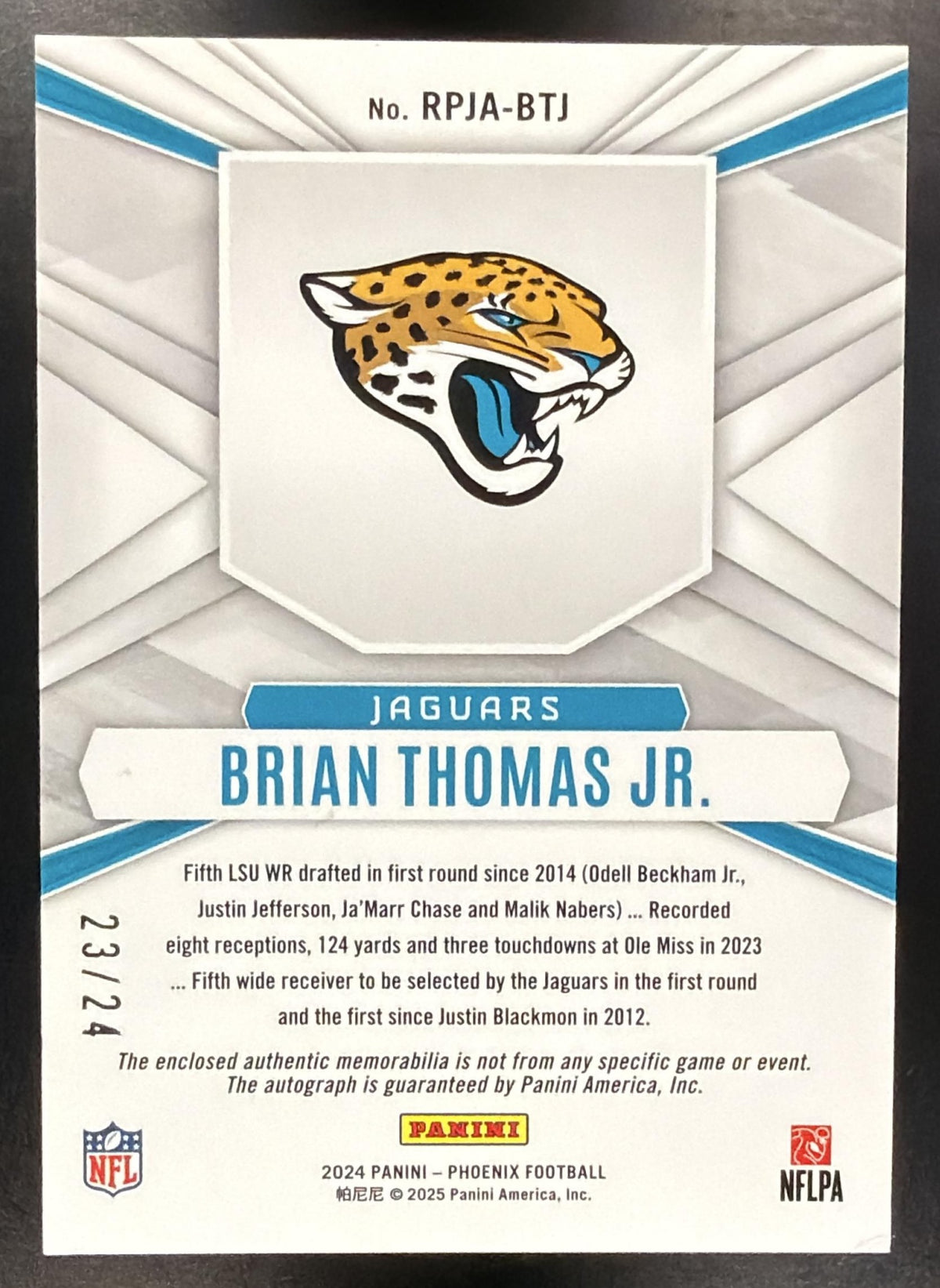 2024 Panini Phoenix Brian Thomas Jr. #RPJA-BTJ Rookie Phenom Jerseys Auto ColorBurst /24 MEM RC