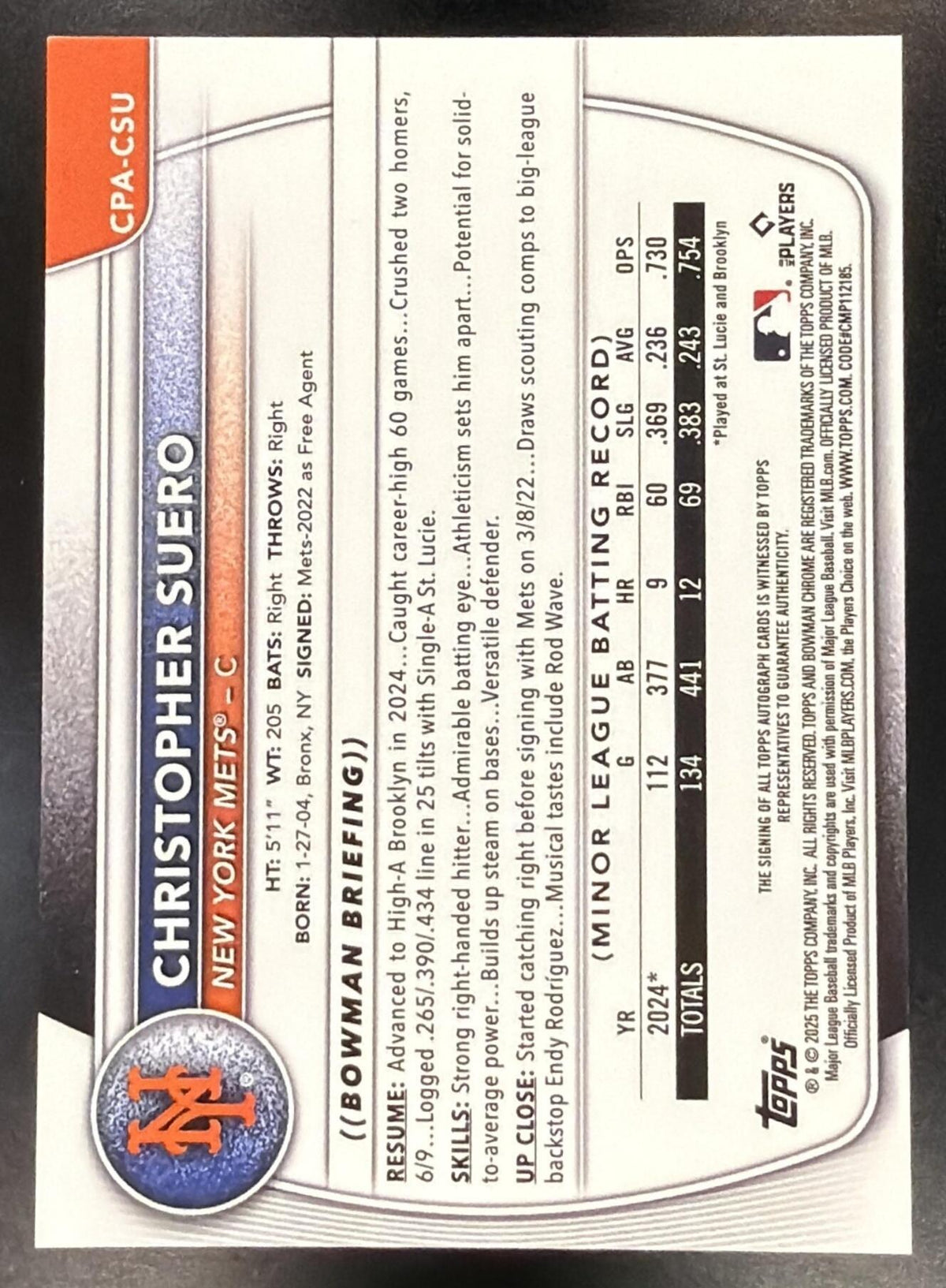 2025 Bowman Chrome Christopher Suero #CPA-CSU Auto Gold Refractor /50 1st Prospect