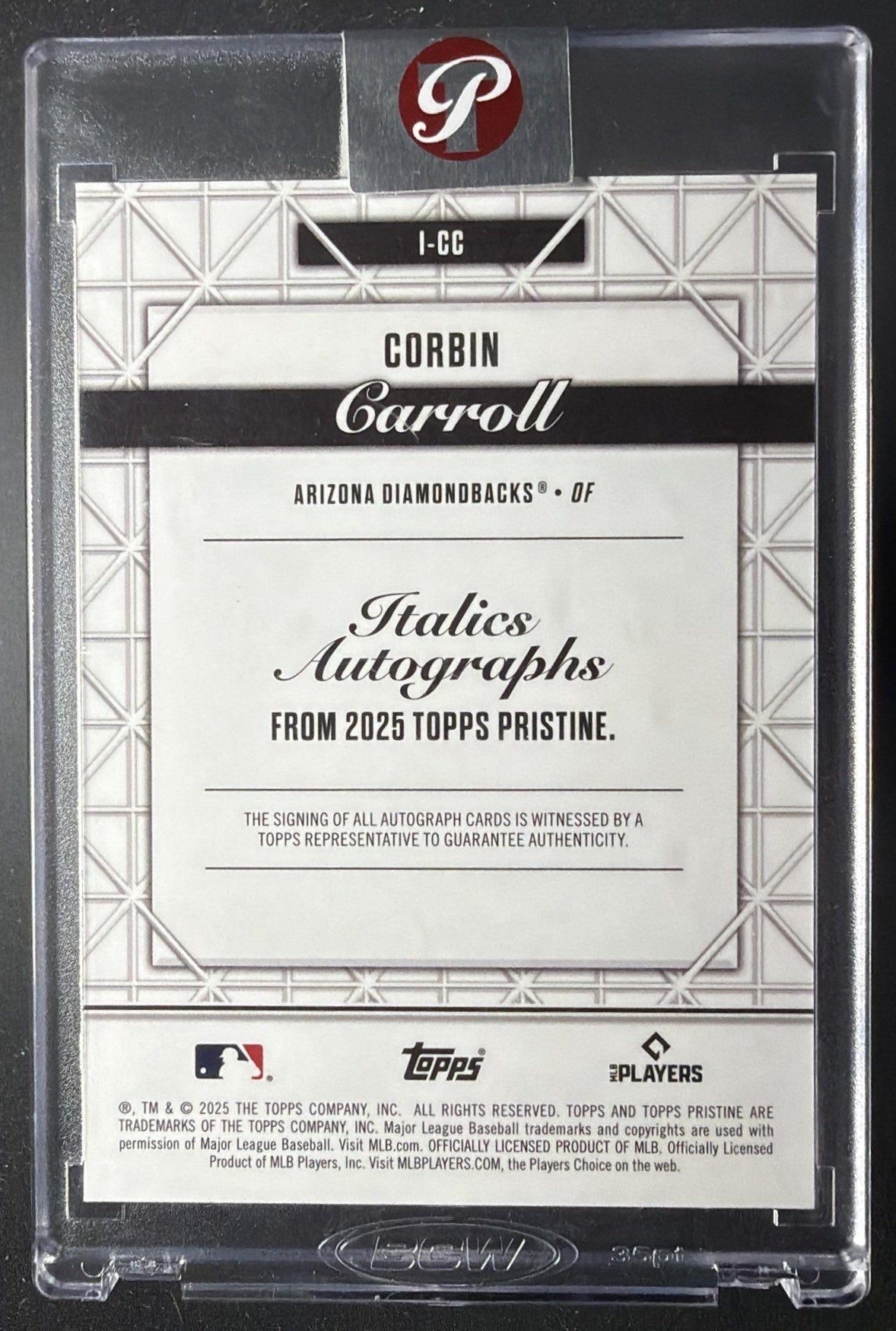 2025 Topps Pristine Corbin Carroll #I-CC Italics Auto Blue Refractor 71/75