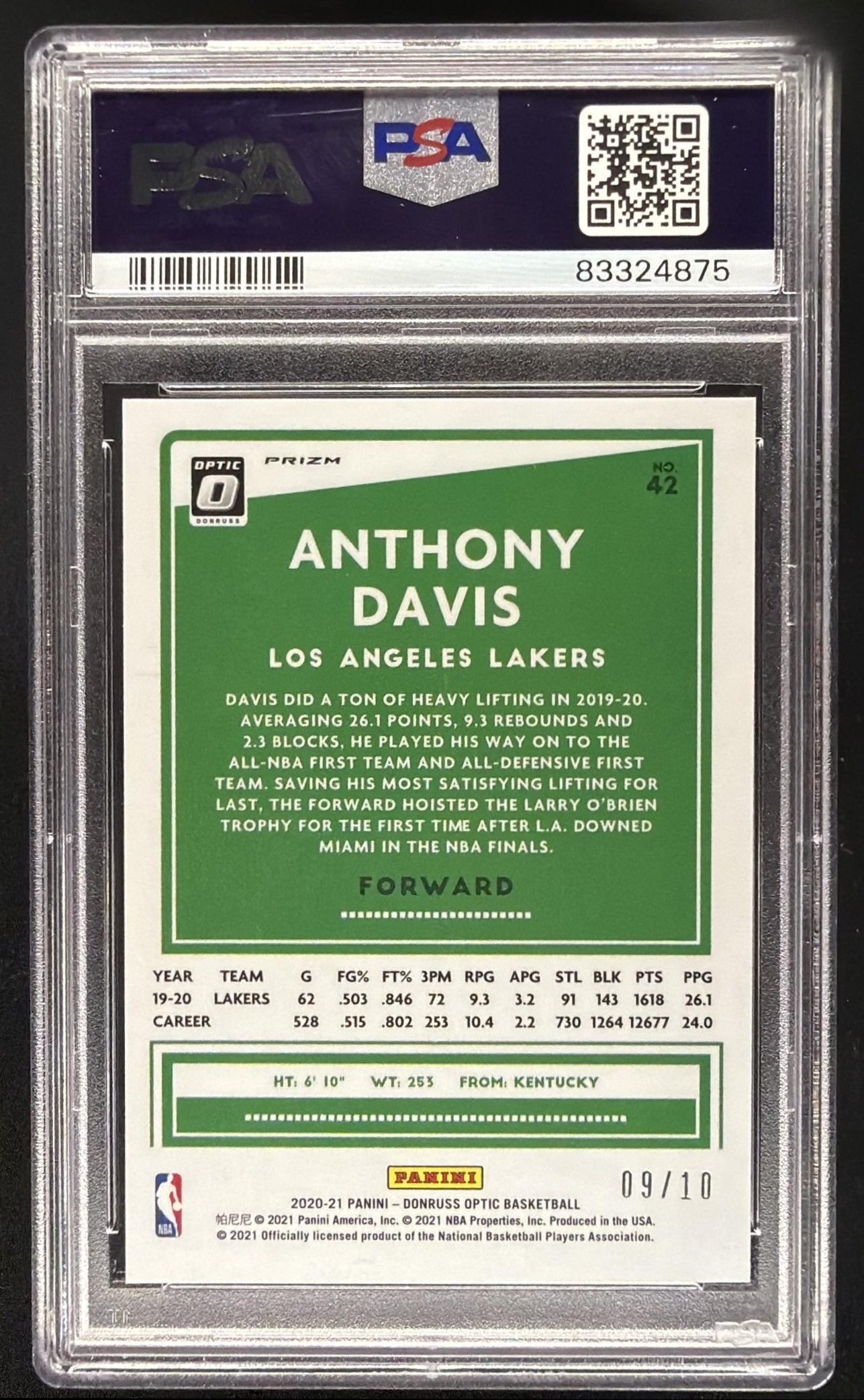 2020-21 Panini Donruss Optic Anthony Davis #42 Gold Prizm 9/10 PSA 8.5