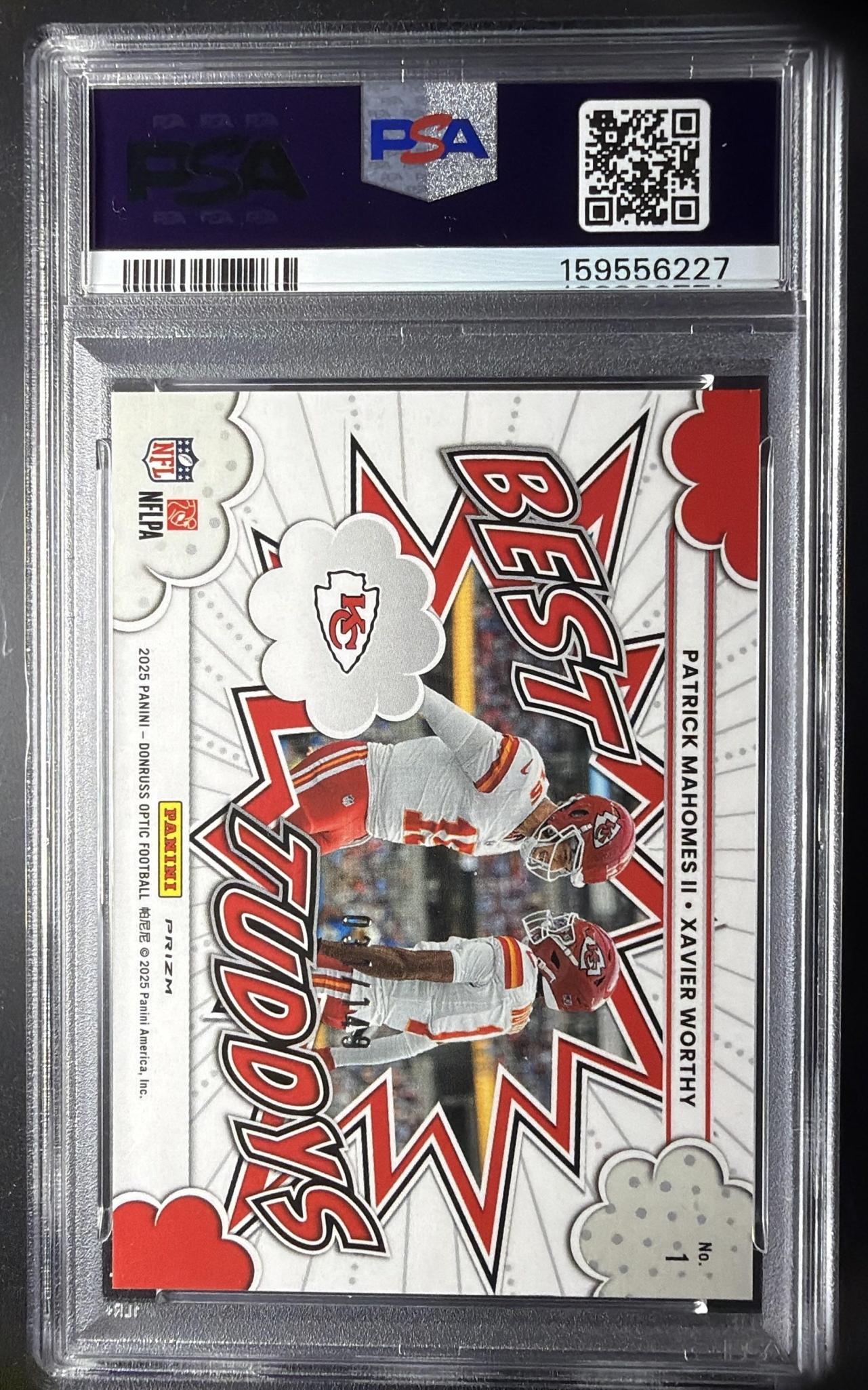 2025 Panini Donruss Optic Patrick Mahomes II Xavier Worthy #1 Best Tuddys Black Pandora /25 PSA 9