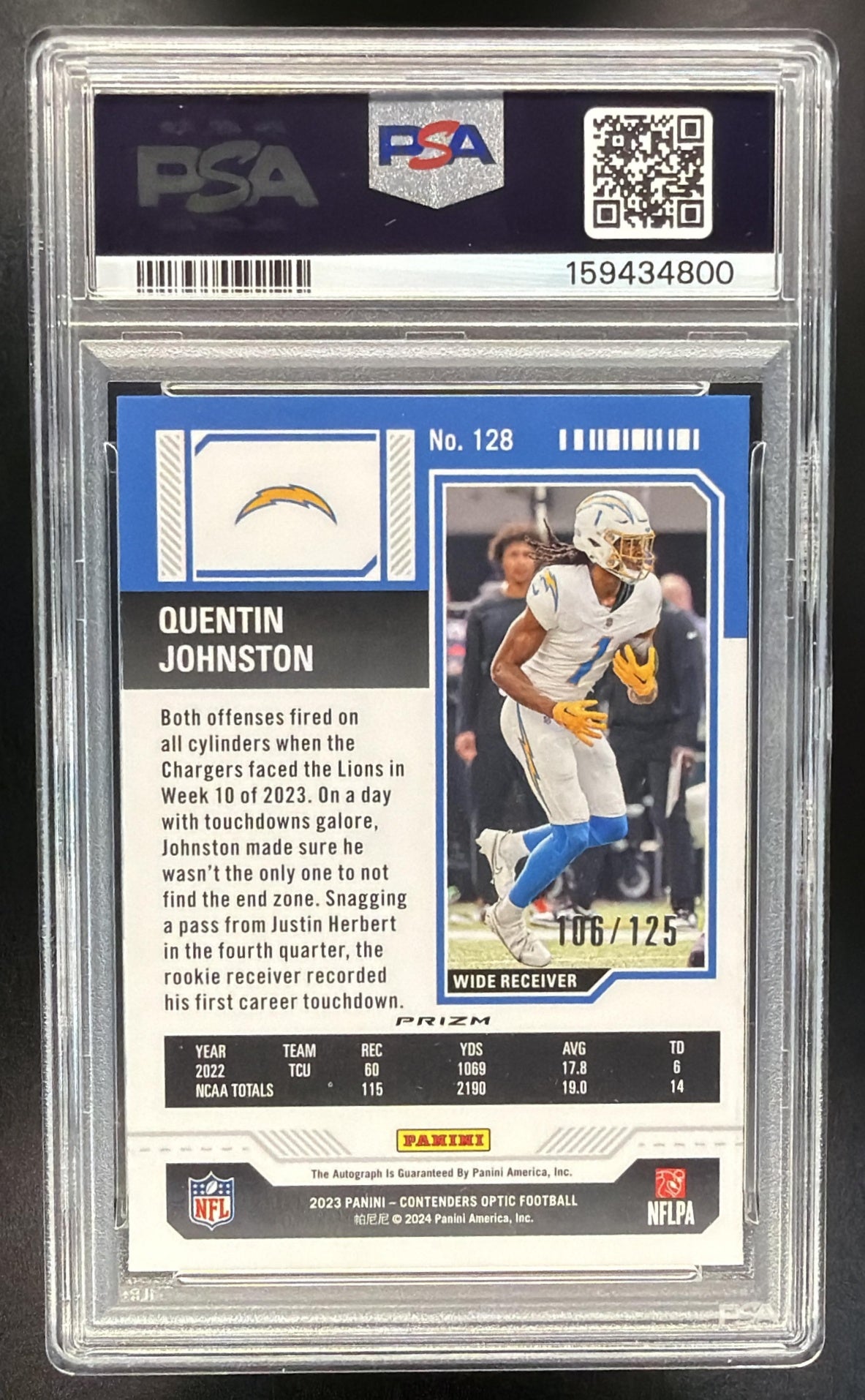 2023 Panini Contenders Optic Quentin Johnston #128 Red /125 Rookie Ticket RPS Auto RC PSA 10
