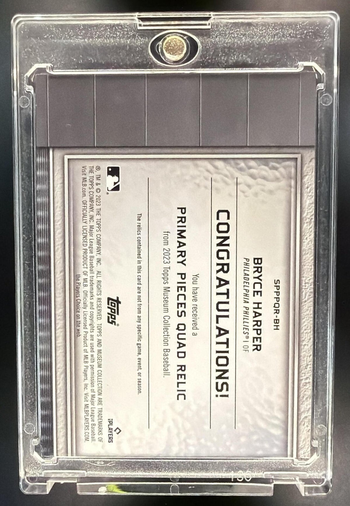 2023 Topps Museum Collection Bryce Harper #SPPPQR-BH Single Player Primary Pieces Quad Relics Ruby /10 MEM