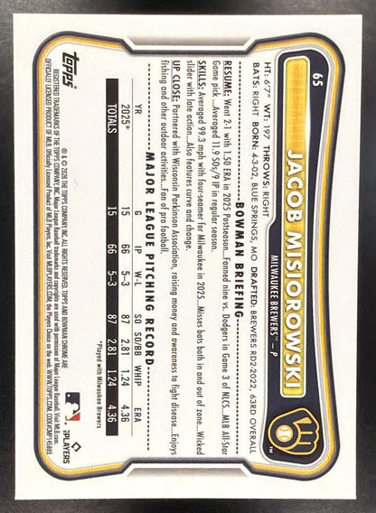 2026 Bowman Chrome Jacob Misiorowski #65 Purple Geometric Refractor 223/250 RC