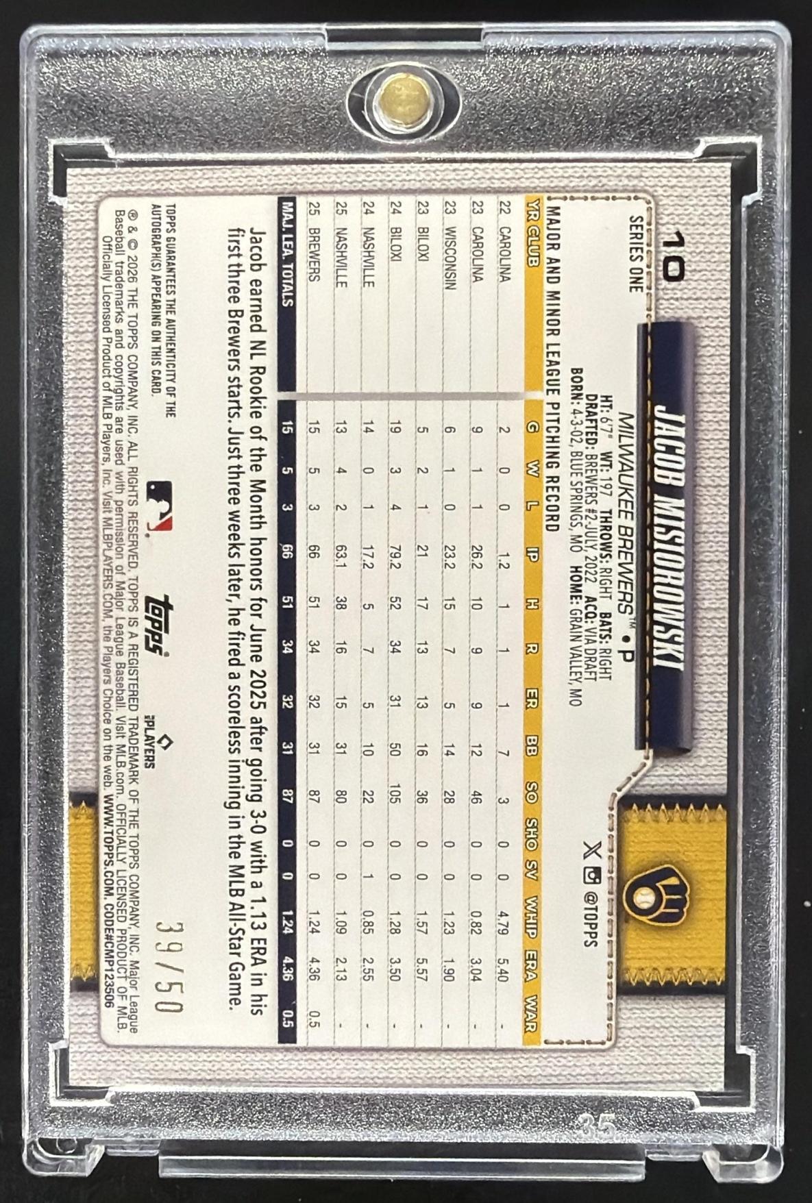 2026 Topps Series 1 Jacob Misiorowski #10 Real One Auto Gold Foil 39/50 RC