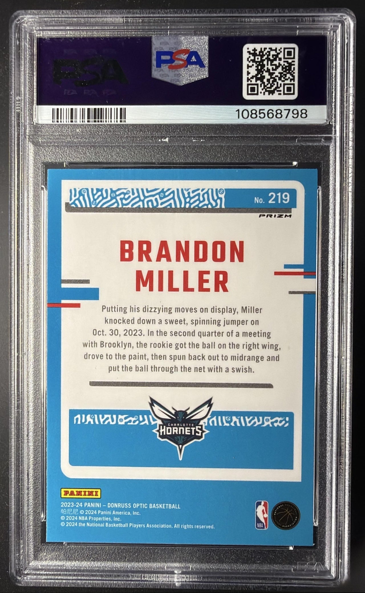 2023 Panini Donruss Optic Brandon Miller #219 Holo Prizm RC Rated Rookie PSA 10