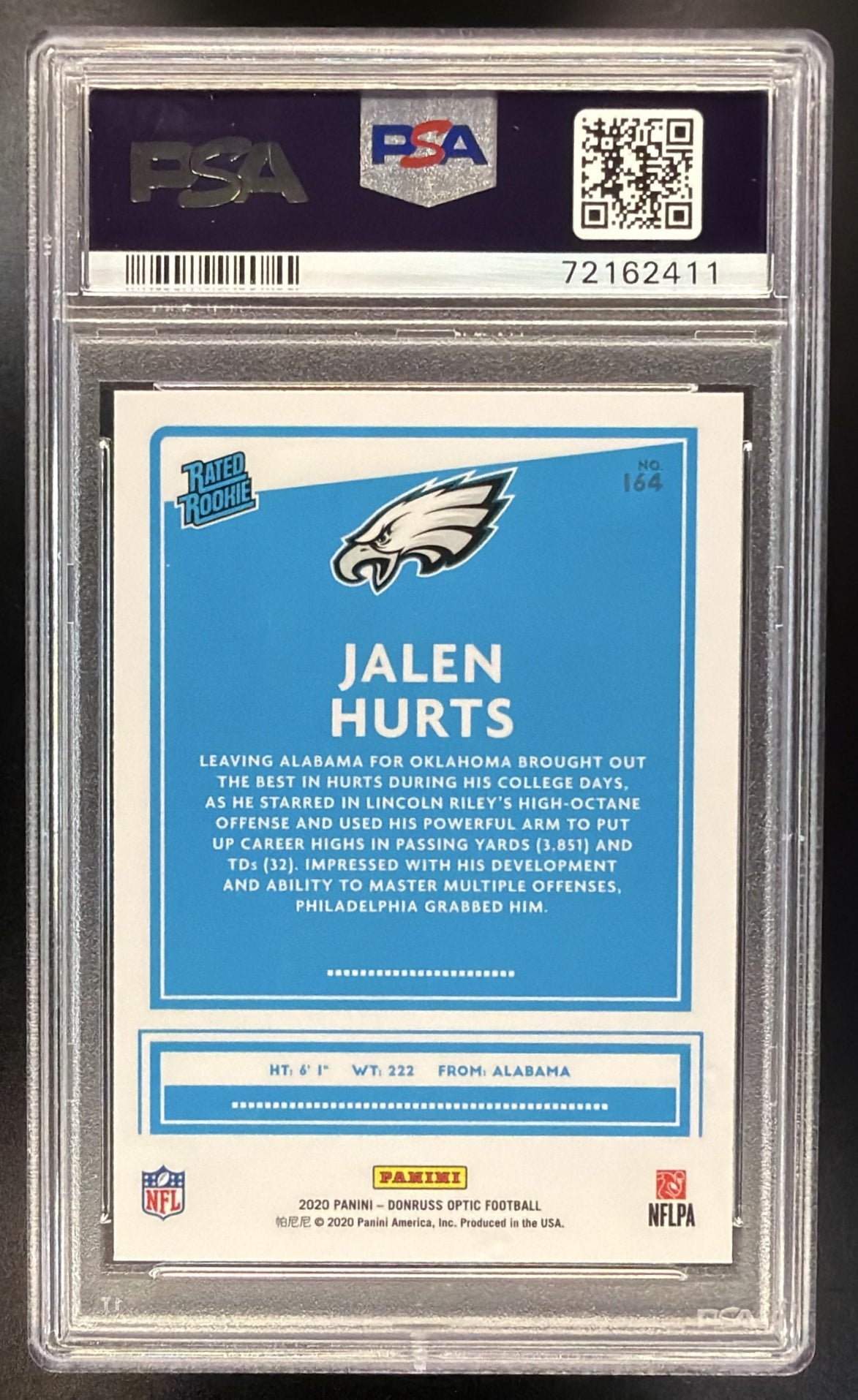 2020 Panini Donruss Optic Jalen Hurts #164 RC PSA 10 Eagles