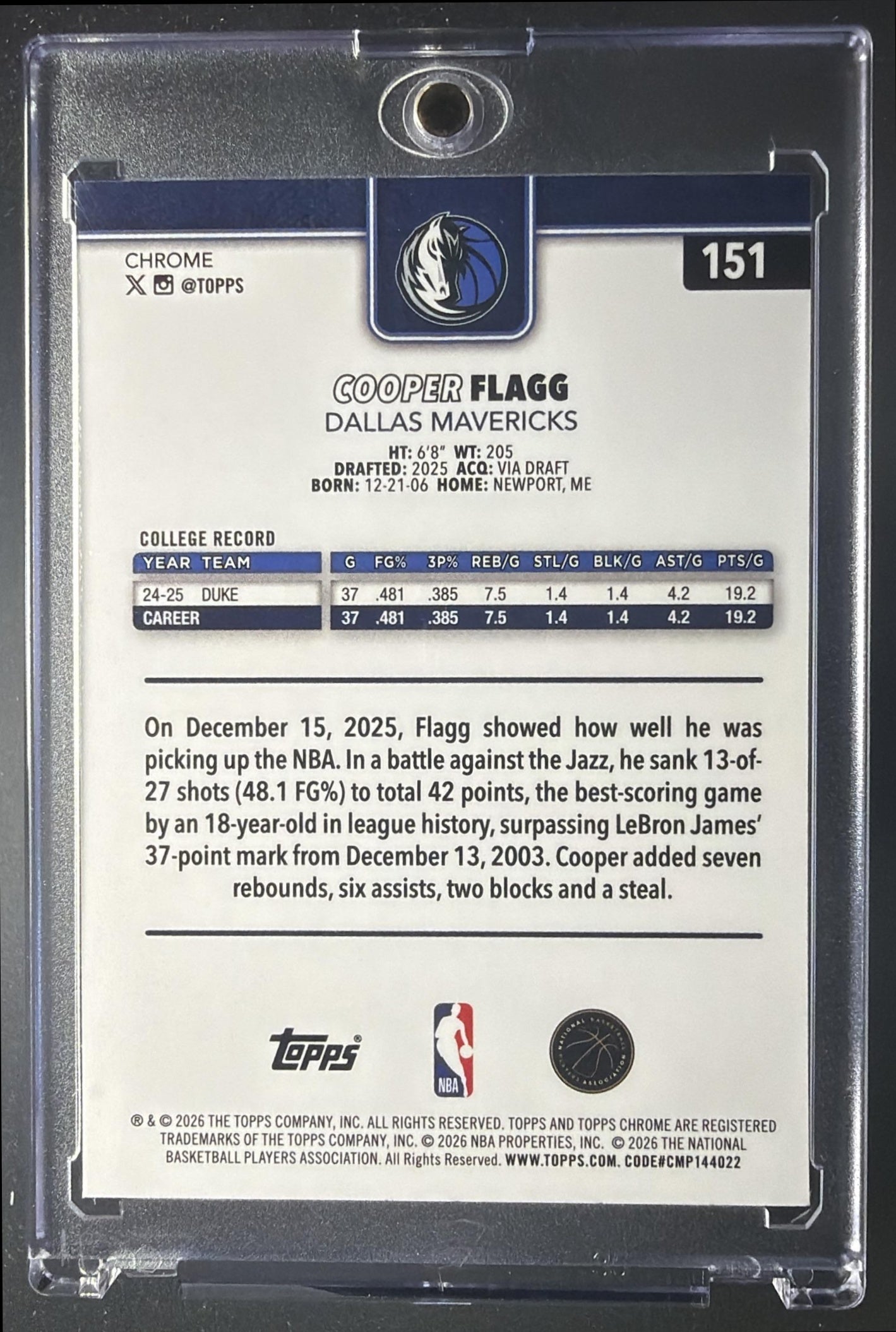 2025-26 Topps Chrome Update Cooper Flagg #151 X-Fractor RC Rookie Card