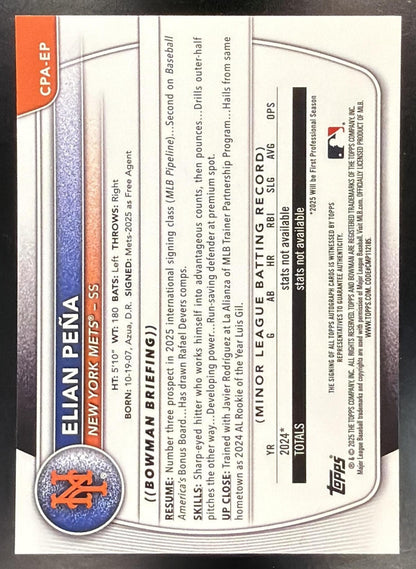 2025 Bowman Chrome Elian Pena #CPA-EP Auto 1st Prospect Mets