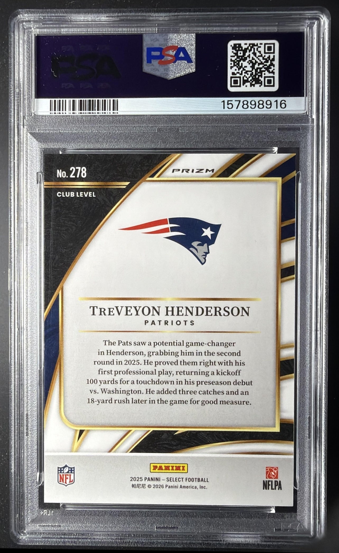 2025 Panini Select TreVeyon Henderson #278 Club Level Zebra Shock Prizm RC PSA 10