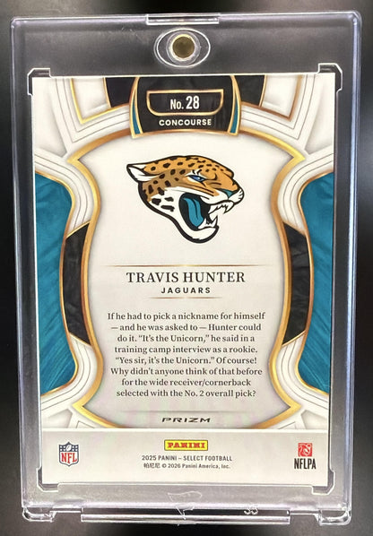 2025 Panini Select Travis Hunter #28 Concourse Zebra Prizm Shock RC