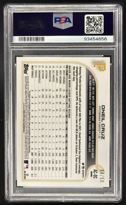 2022 Topps Chrome Oneil Cruz #RA-OC Auto Gold Refractor /50 RC PSA 9