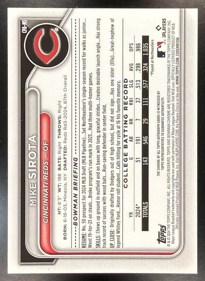2024 Bowman Draft Mike Sirota #CPA-MS Chrome Auto 1st Prospect Reds