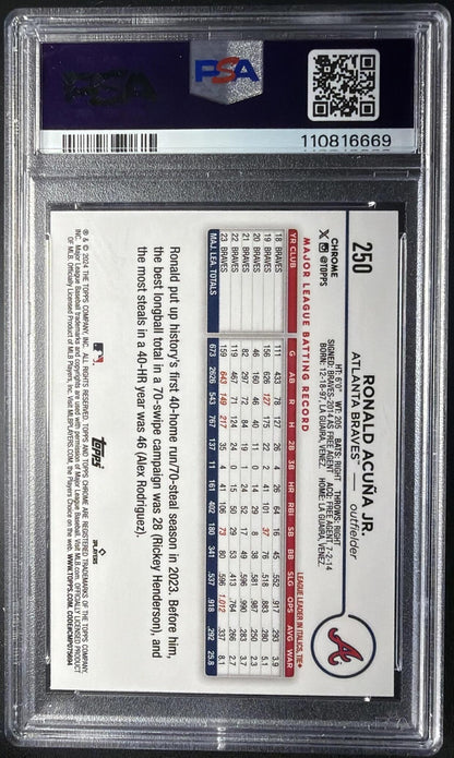 2024 Topps Chrome Ronald Acuna Jr. #250 Gold Raywave Refractor 20/50 PSA 10