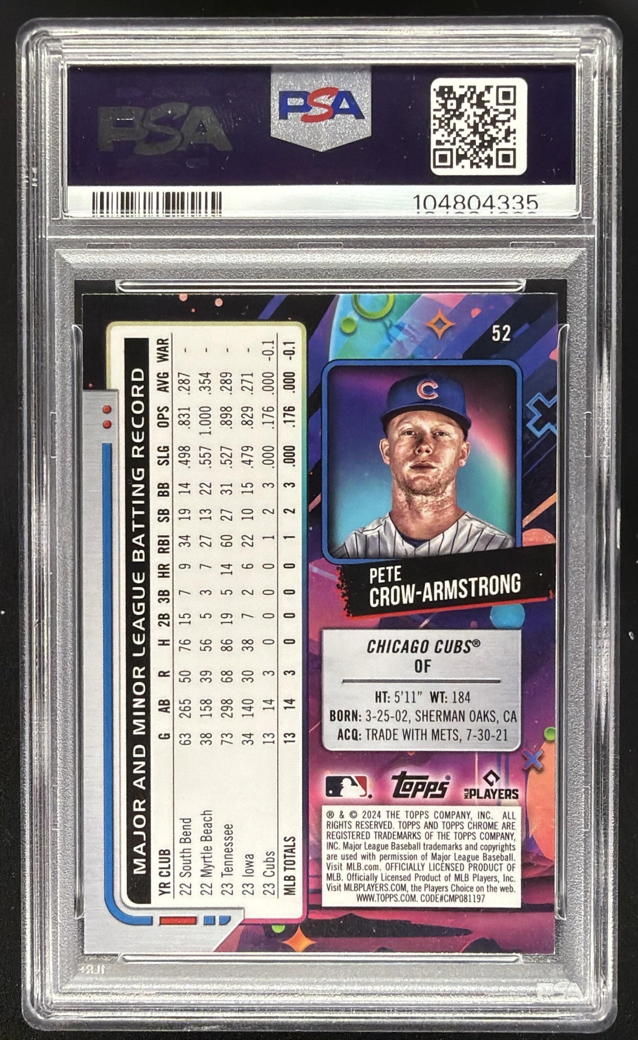 2024 Topps Cosmic Chrome Pete Crow-Armstrong #52 Green Space Dust Refractor /75 RC PSA 10