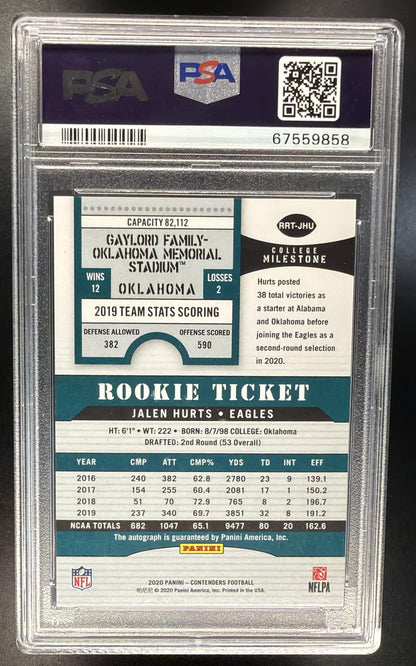 2020 Panini Contenders Jalen Hurts #RRT-JHU 2000 Rookie Ticket /20 Auto RC PSA 8