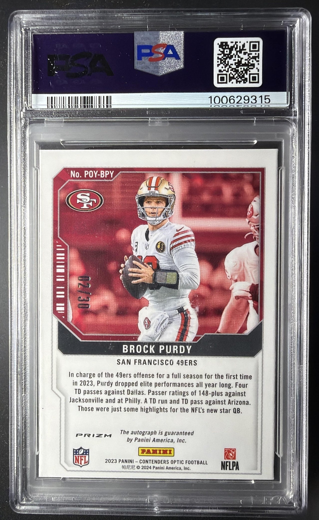 2023 Panini Contenders Optic Brock Purdy #POY-BPY Auto Green Pulsar /30 PSA 9