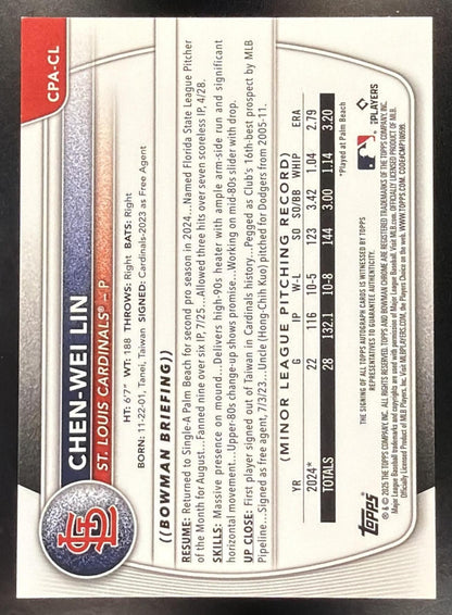 2025 Bowman Chrome Baseball Chen-Wei Lin #CPA-CL 1st Blue Refractor Auto 024/150