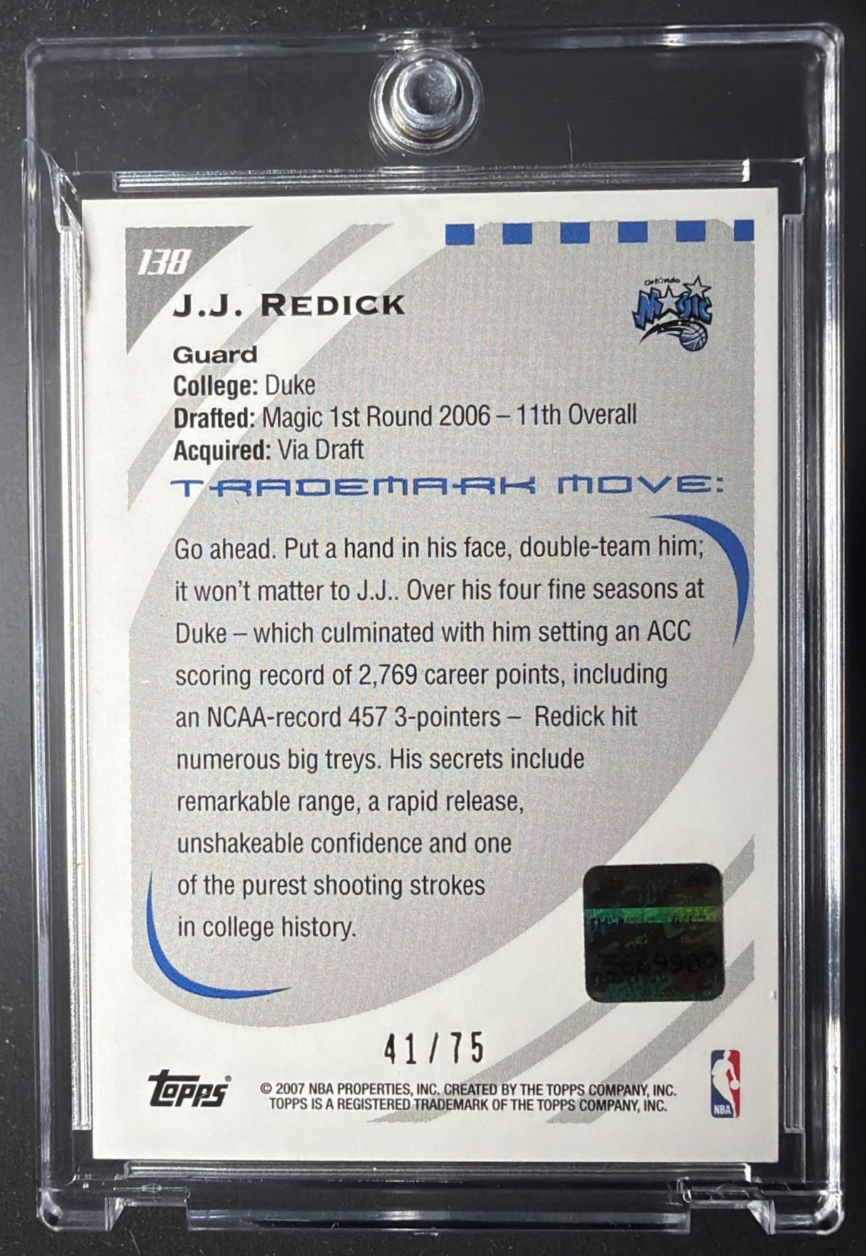 2007-08 Topps J.J. Redick #106 Trademark Moves Rookie Auto /75