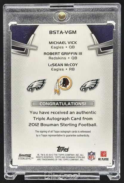 2012 Bowman Sterling LeSean McCoy Michael Vick Robert Griffin III #BSTAVGM Triple Auto /10