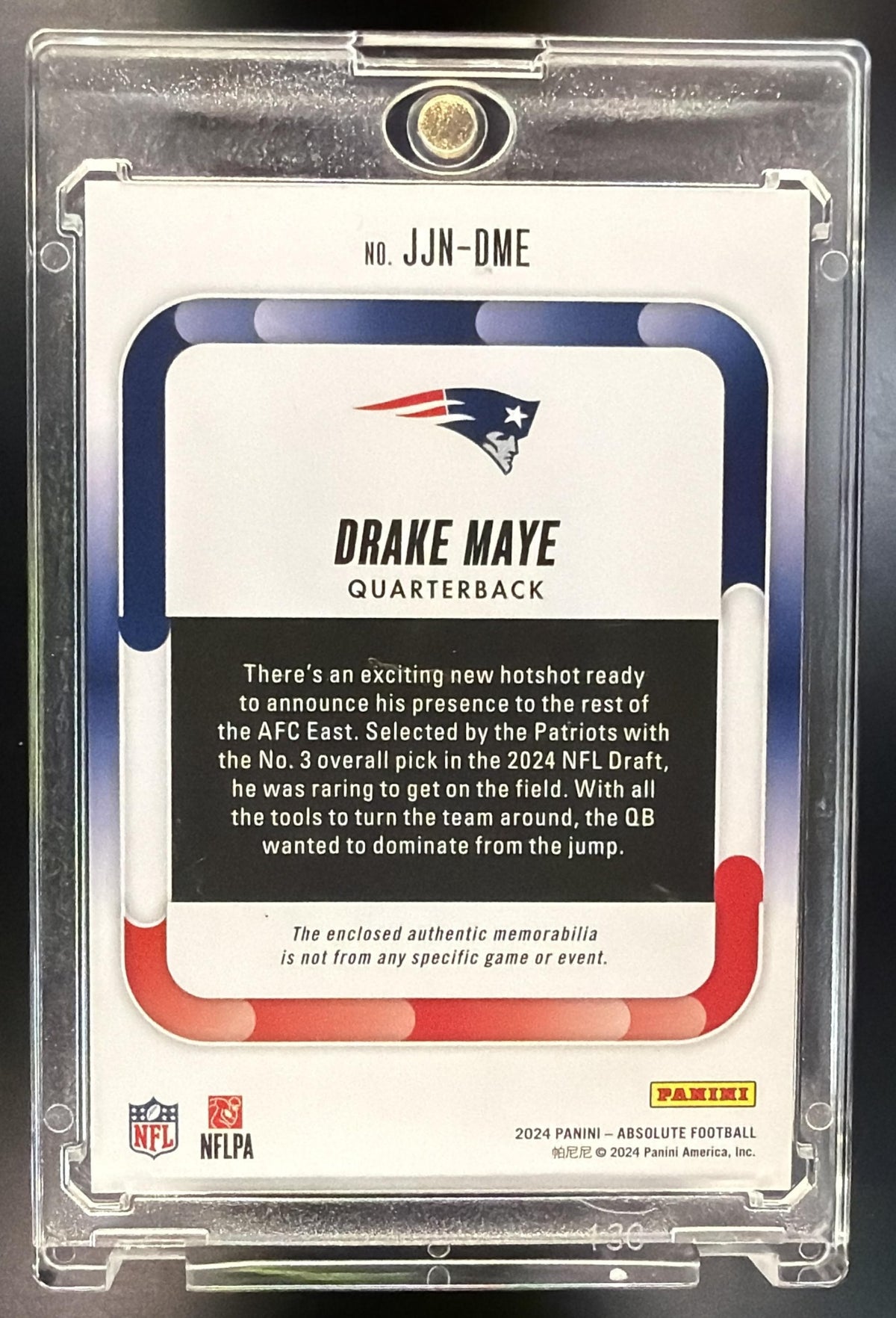 2024 Panini Absolute Drake Maye #JJN-DME Jumbo Cleats 2/4 Patch RC