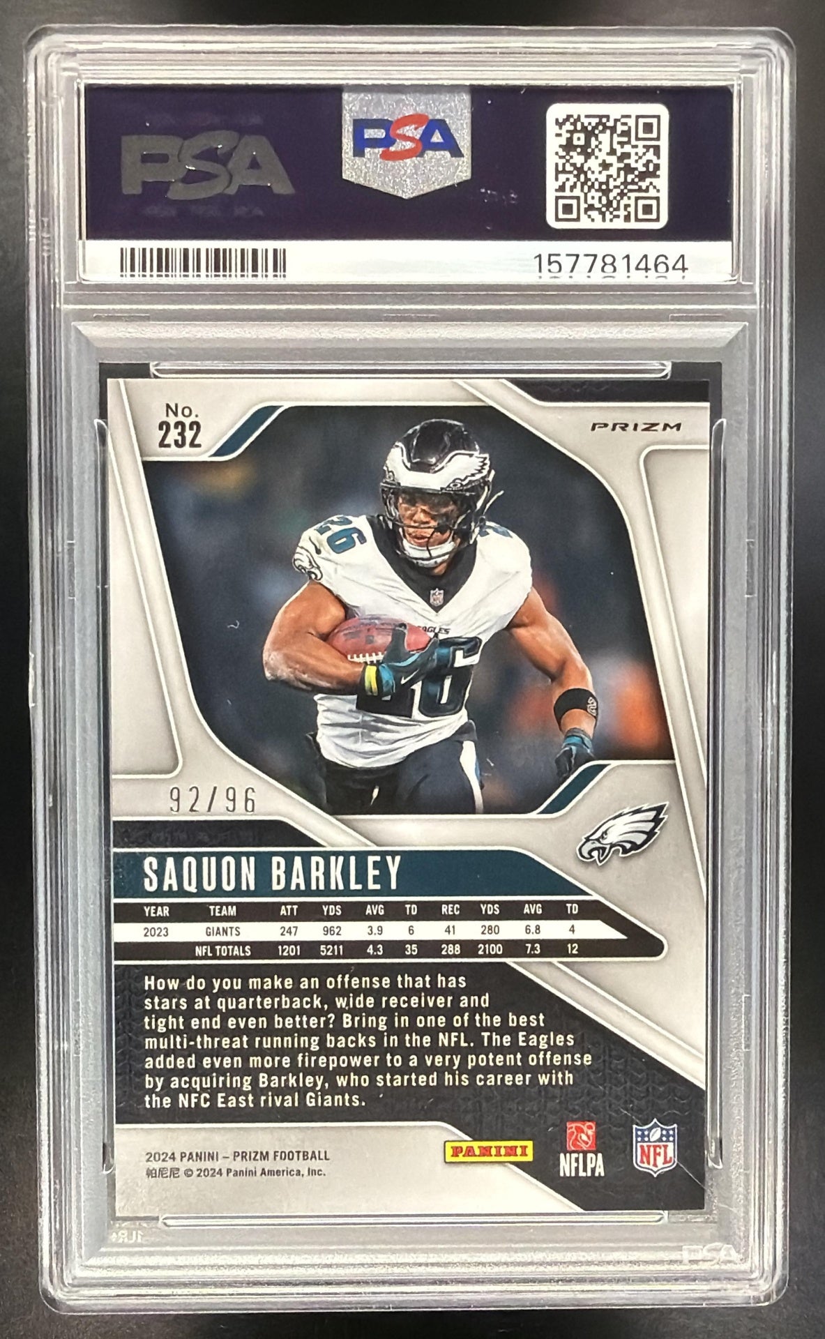 2024 Panini Prizm Saquon Barkley #232 Blue Sparkle 92/96 PSA 10