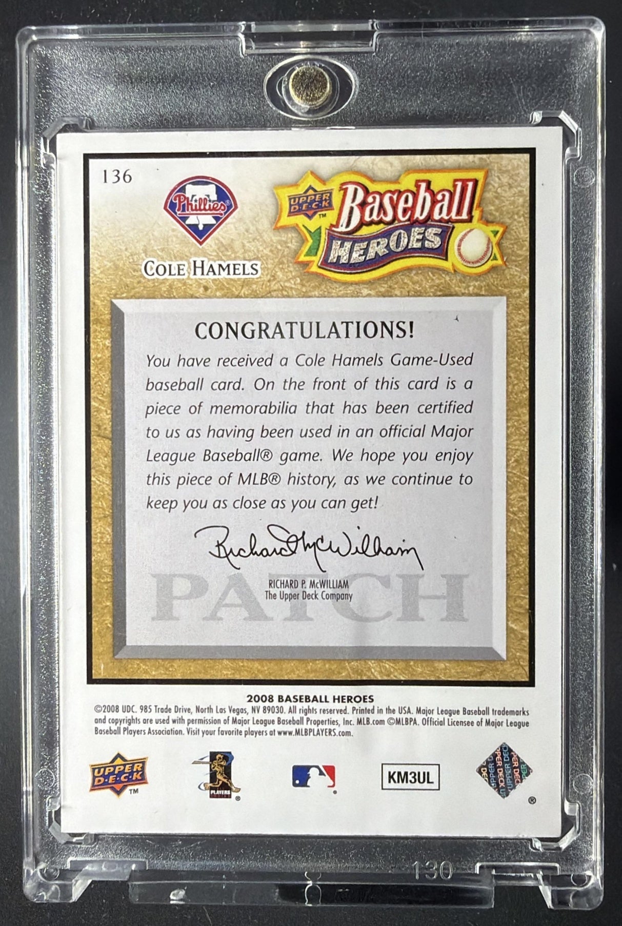 2008 Upper Deck Baseball Heroes Cole Hamels #136 Patch /10